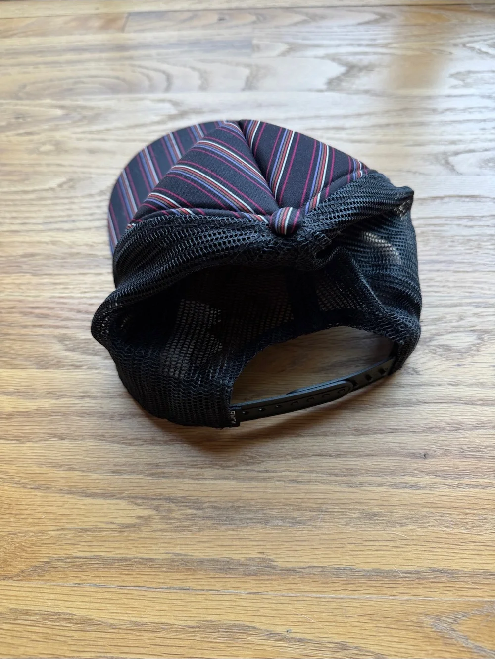 RVCA Black Pinstripe Mesh Trucker Hat with Red and Gray Lines